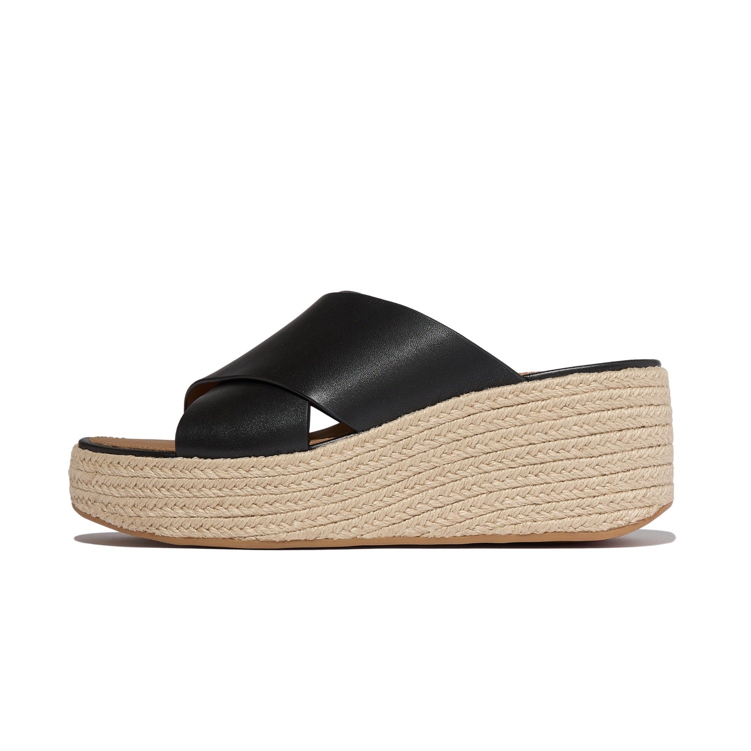 PLATFFORMS Sandalias Slide Cruzadas Cuña Espadrille de Cuero - Negro