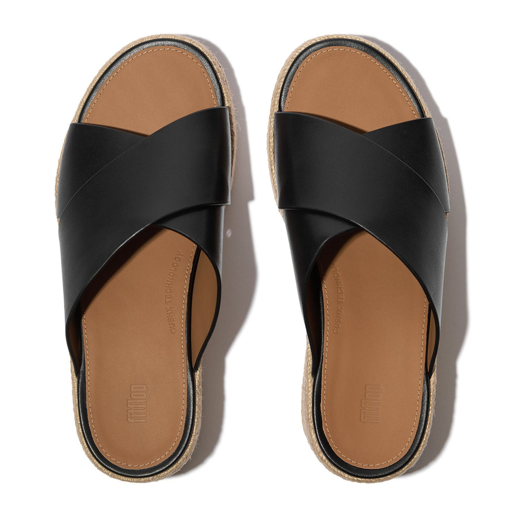 PLATFFORMS Sandalias Slide Cruzadas Cuña Espadrille de Cuero - Negro