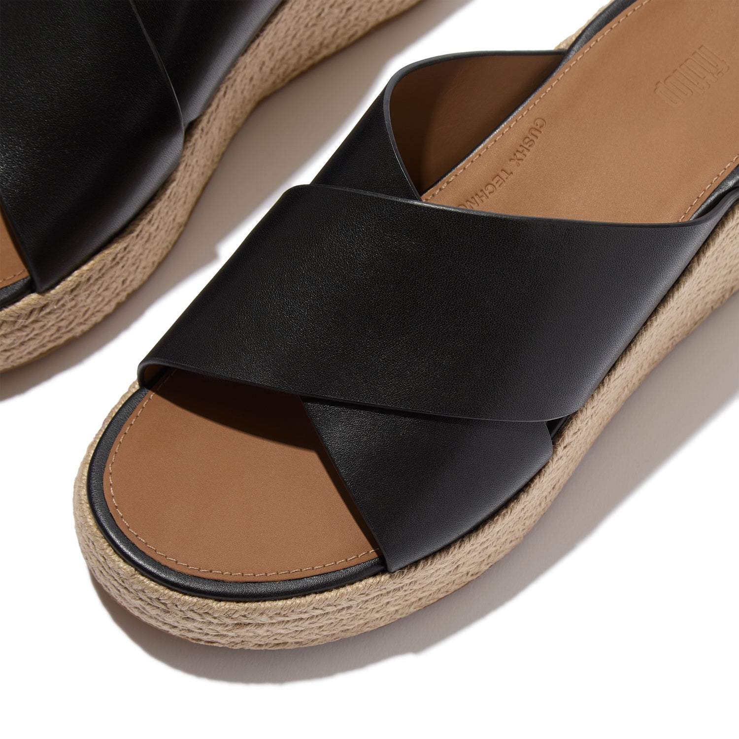 PLATFFORMS Sandalias Slide Cruzadas Cuña Espadrille de Cuero - Negro