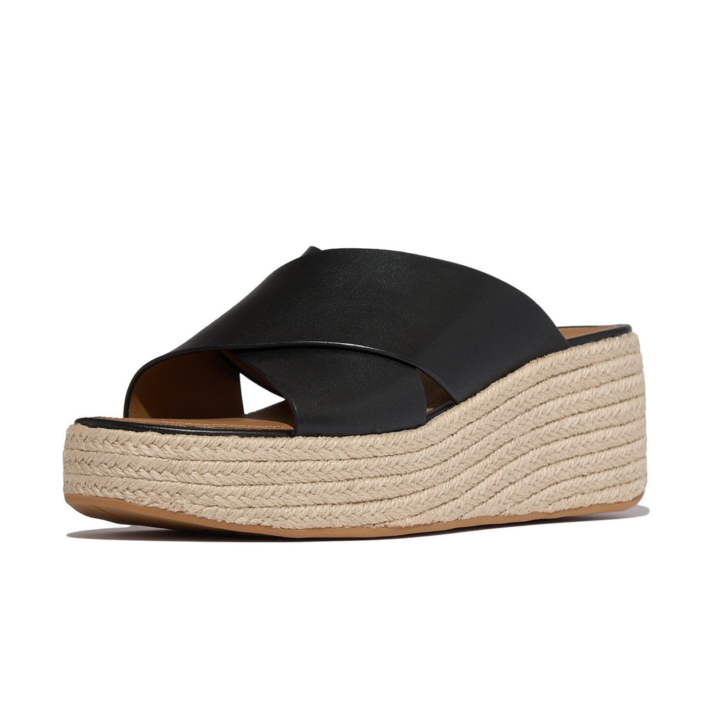 PLATFFORMS Sandalias Slide Cruzadas Cuña Espadrille de Cuero - Negro