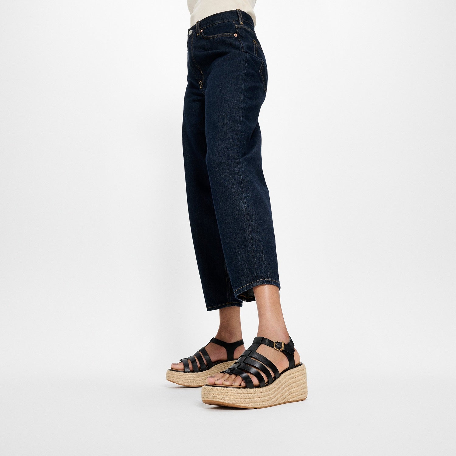 PLATFFORMS Sandalias Fisherman Cuña Espadrille de Cuero - Negro
