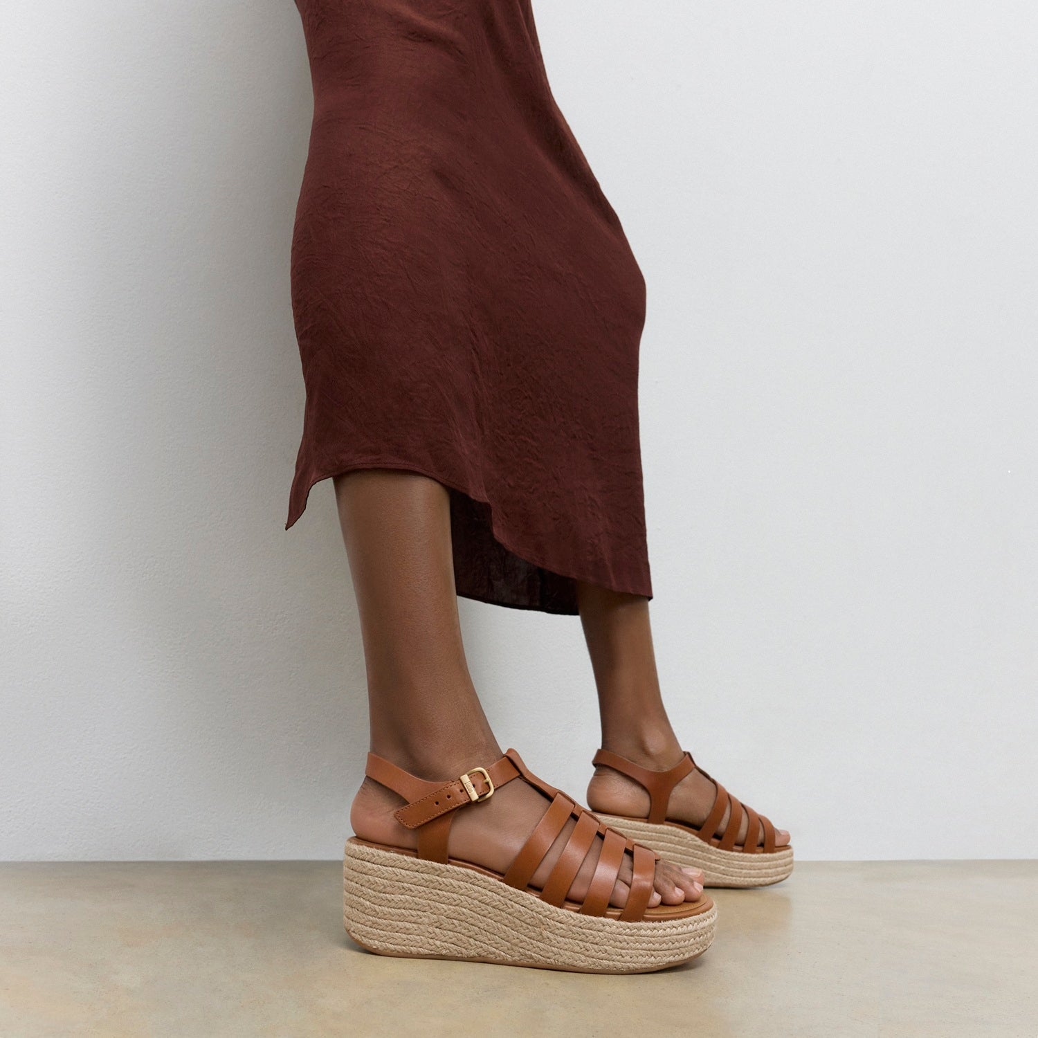 PLATFFORMS Sandalias Fisherman Cuña Espadrille de Cuero - Café Tostado