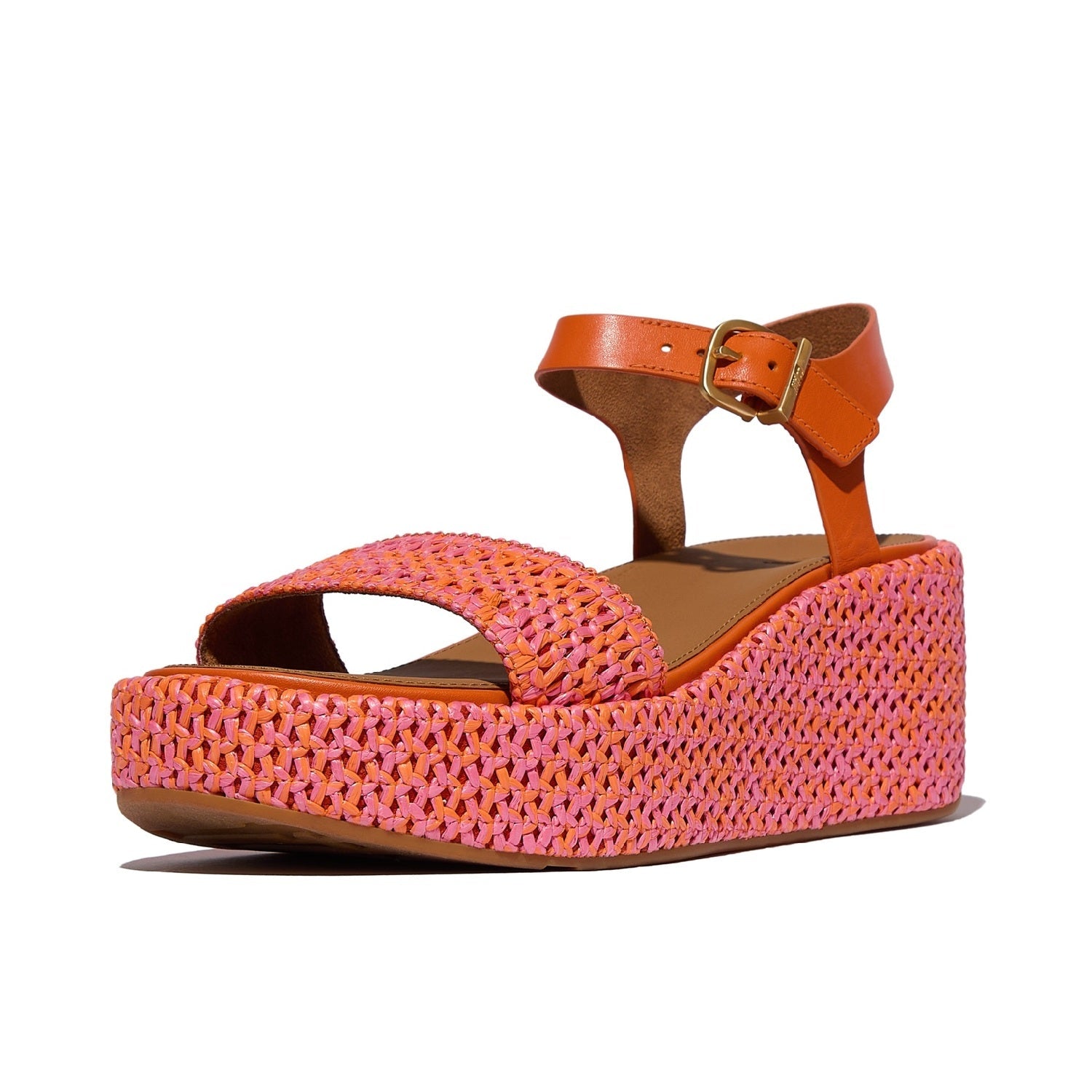 PLATFFORMS Sandalias Cuña Tejida con Correa al Tobillo - Mandarina/Rosa